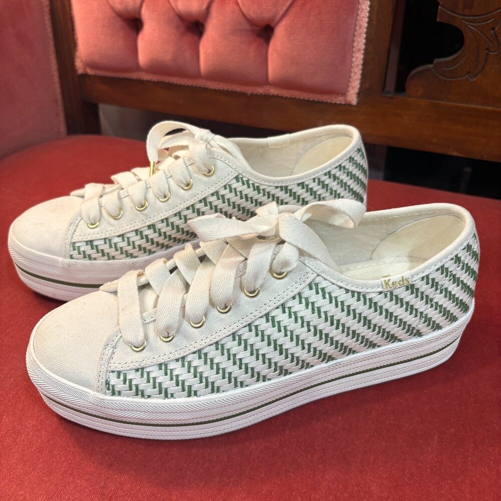 Kate Spade Green and White Multi-woven Keds platform Sneakers, NWOT, Size 8.5